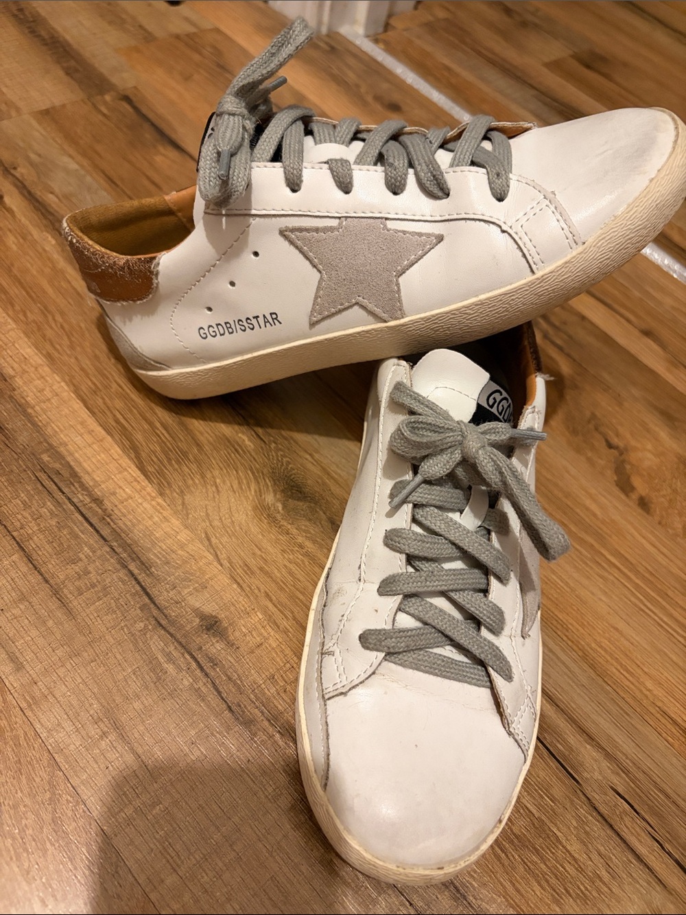 Look alike Golden Goose Style White Leather Star Sneakers with Tan Heel